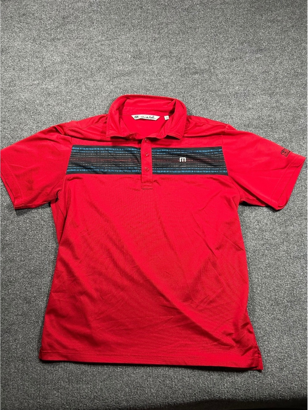TravisMathew Red Polo Shirt with Black and Blue Stripe Detail, Size Large